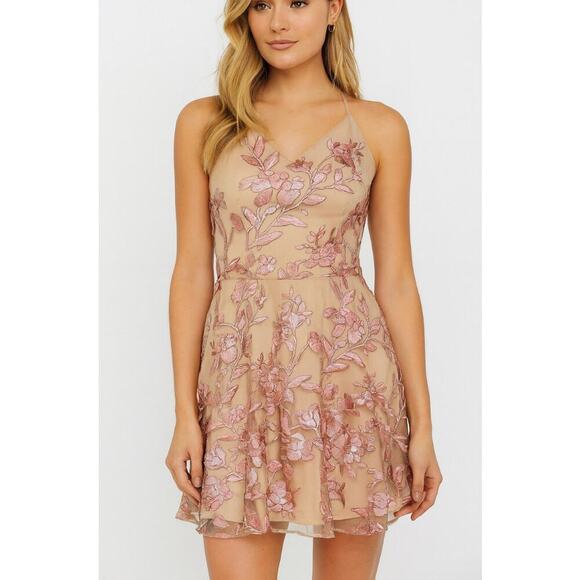 Women’s Beige Pink Floral Embroidered Mesh A-Line Cocktail Party Dress Sz 4 - Picture 1 of 10